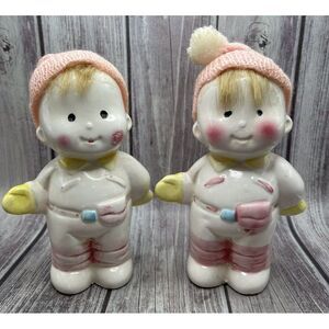 2 Vintage Ceramic Toddler/Child Shaped Banks w/Pink Knit Hats‎ VINTAGE Set of 2